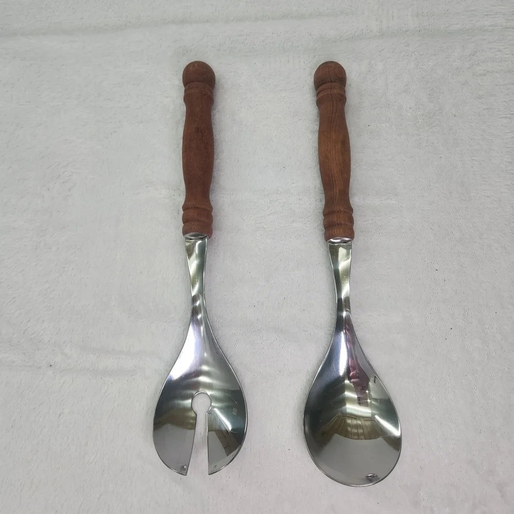 Vintage Wooden Handle Stainless Steel Salad Server Set 11